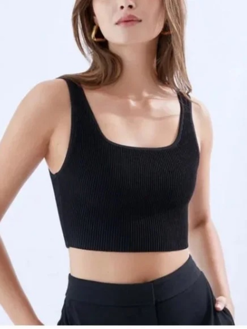 Aritzia Babaton Black Ribbed Sculpt Knit Squareneck Cropped Tank Top XS